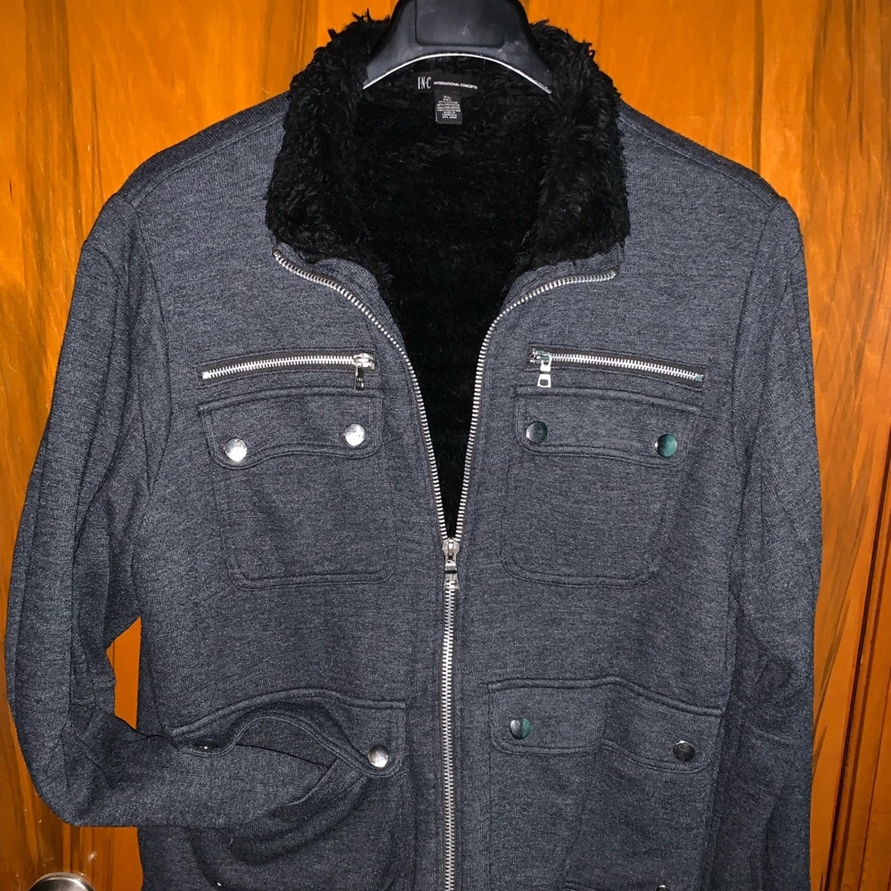 INC International Concepts Gray Jacket with Black Fur Collar